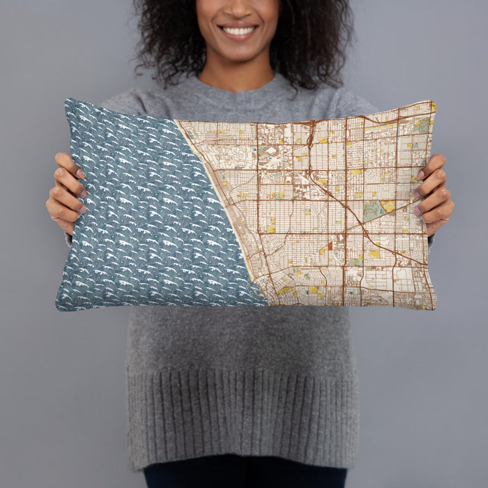 Person holding 20x12 Custom Manhattan Beach California Map Throw Pillow in Woodblock