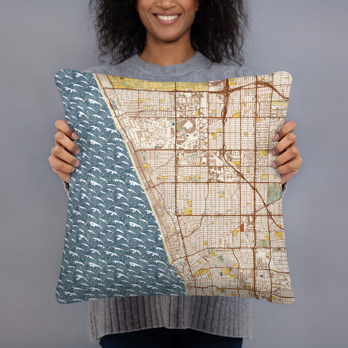 Person holding 18x18 Custom Manhattan Beach California Map Throw Pillow in Woodblock
