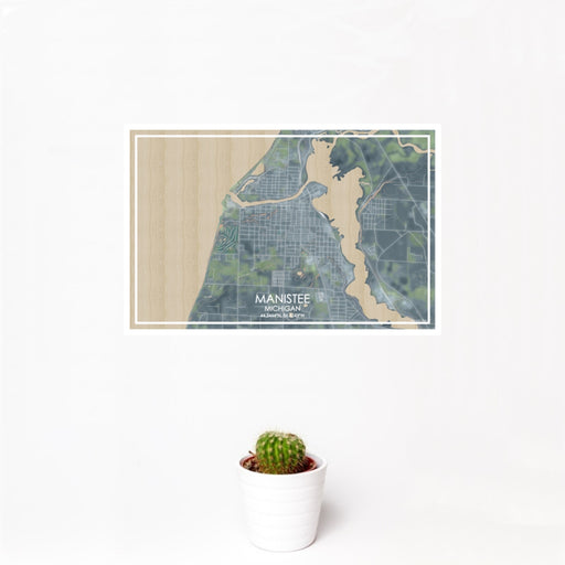 12x18 Manistee Michigan Map Print Landscape Orientation in Afternoon Style With Small Cactus Plant in White Planter
