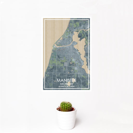 12x18 Manistee Michigan Map Print Portrait Orientation in Afternoon Style With Small Cactus Plant in White Planter