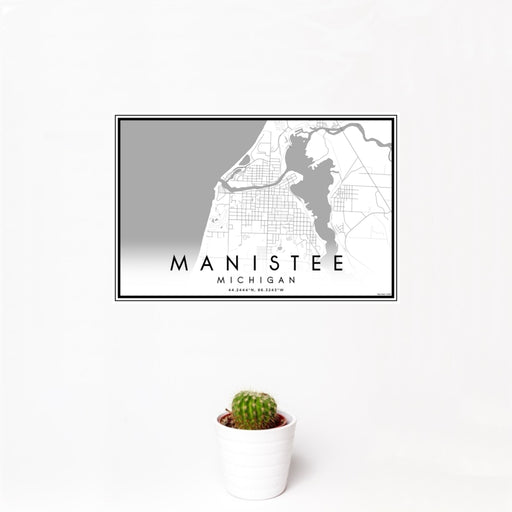 12x18 Manistee Michigan Map Print Landscape Orientation in Classic Style With Small Cactus Plant in White Planter