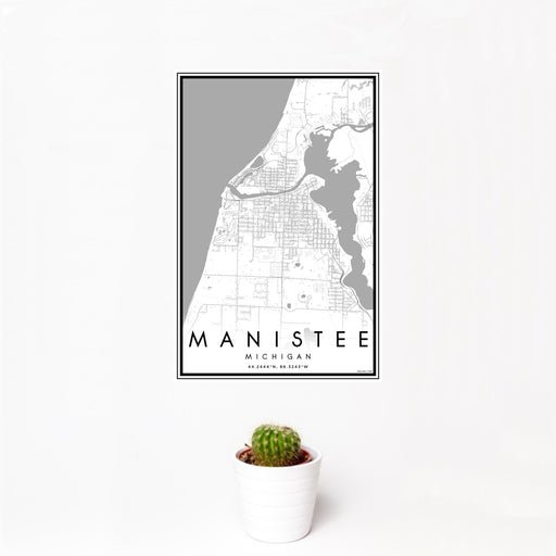 12x18 Manistee Michigan Map Print Portrait Orientation in Classic Style With Small Cactus Plant in White Planter