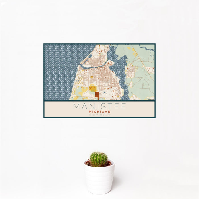 12x18 Manistee Michigan Map Print Landscape Orientation in Woodblock Style With Small Cactus Plant in White Planter