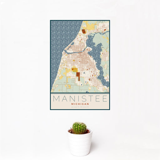 12x18 Manistee Michigan Map Print Portrait Orientation in Woodblock Style With Small Cactus Plant in White Planter