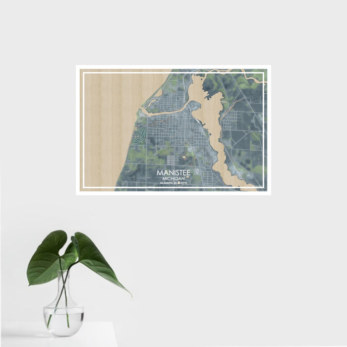 16x24 Manistee Michigan Map Print Landscape Orientation in Afternoon Style With Tropical Plant Leaves in Water