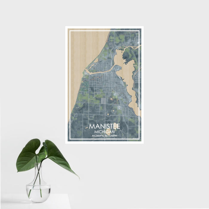 16x24 Manistee Michigan Map Print Portrait Orientation in Afternoon Style With Tropical Plant Leaves in Water