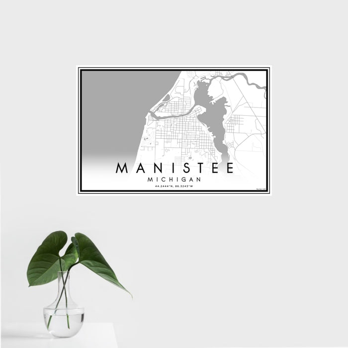 16x24 Manistee Michigan Map Print Landscape Orientation in Classic Style With Tropical Plant Leaves in Water