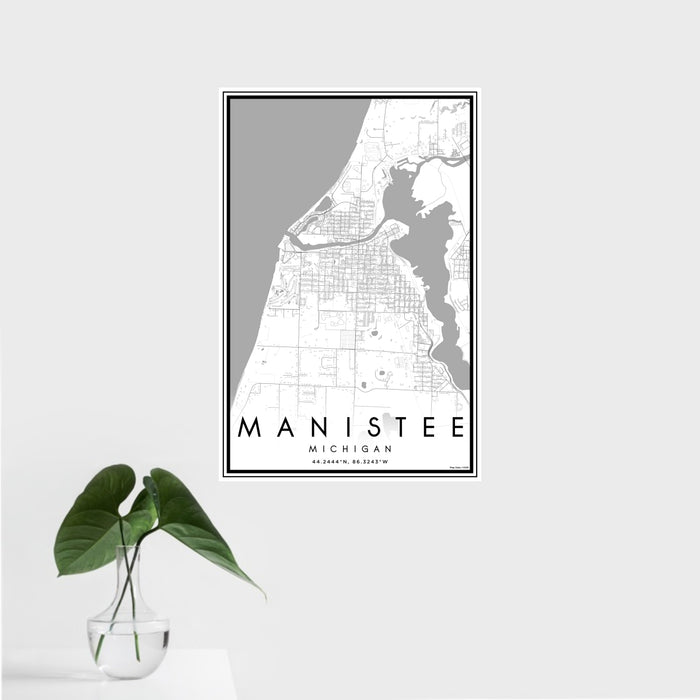 16x24 Manistee Michigan Map Print Portrait Orientation in Classic Style With Tropical Plant Leaves in Water