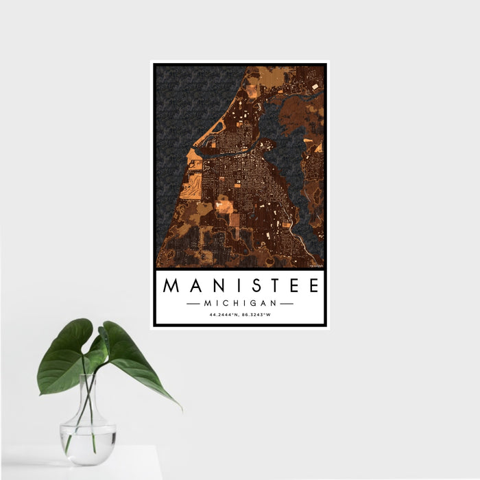 16x24 Manistee Michigan Map Print Portrait Orientation in Ember Style With Tropical Plant Leaves in Water