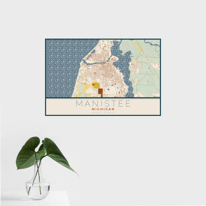 16x24 Manistee Michigan Map Print Landscape Orientation in Woodblock Style With Tropical Plant Leaves in Water