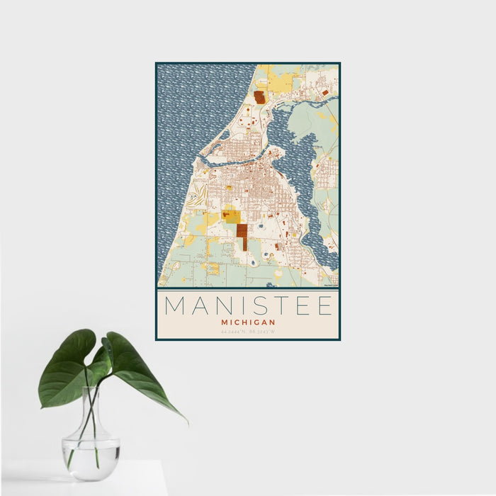 16x24 Manistee Michigan Map Print Portrait Orientation in Woodblock Style With Tropical Plant Leaves in Water