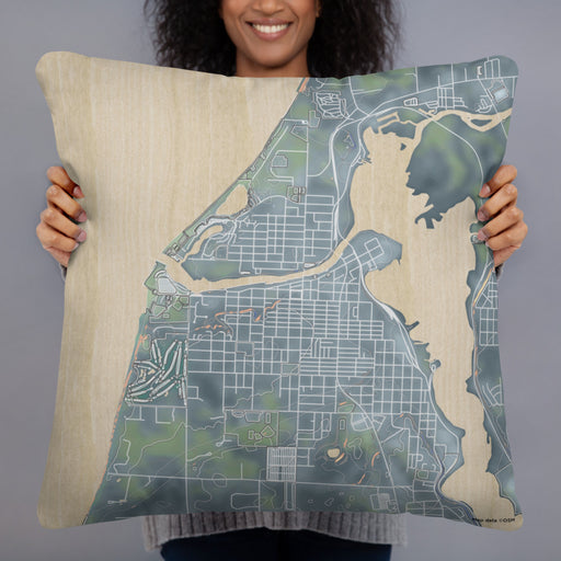 Person holding 22x22 Custom Manistee Michigan Map Throw Pillow in Afternoon