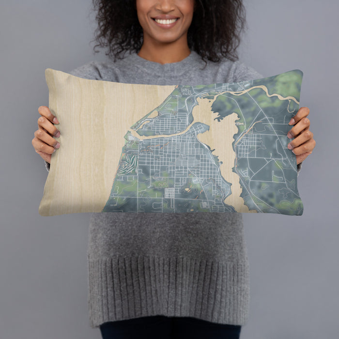 Person holding 20x12 Custom Manistee Michigan Map Throw Pillow in Afternoon