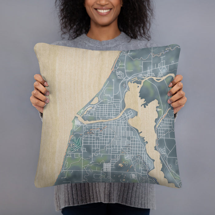 Person holding 18x18 Custom Manistee Michigan Map Throw Pillow in Afternoon