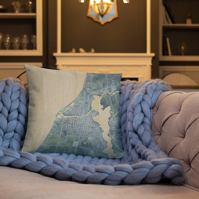 Custom Manistee Michigan Map Throw Pillow in Afternoon on Cream Colored Couch