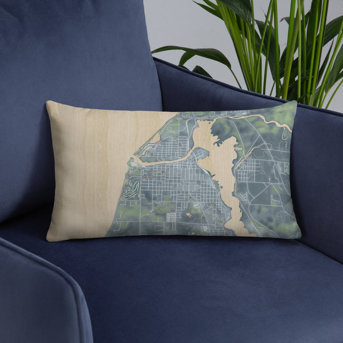 Custom Manistee Michigan Map Throw Pillow in Afternoon on Blue Colored Chair
