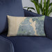 Custom Manistee Michigan Map Throw Pillow in Afternoon on Blue Colored Chair