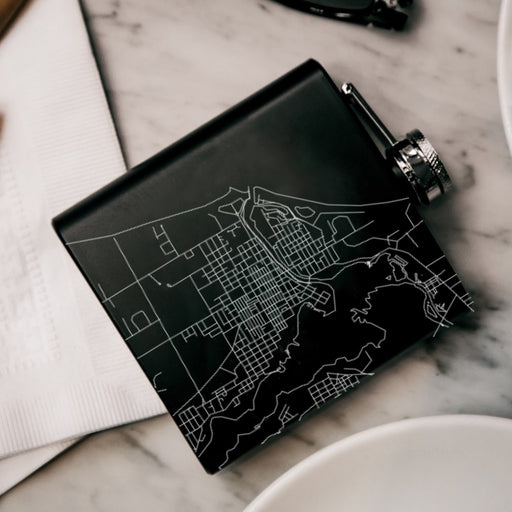 Manistee Michigan Custom Engraved City Map Inscription Coordinates on 6oz Stainless Steel Flask in Black