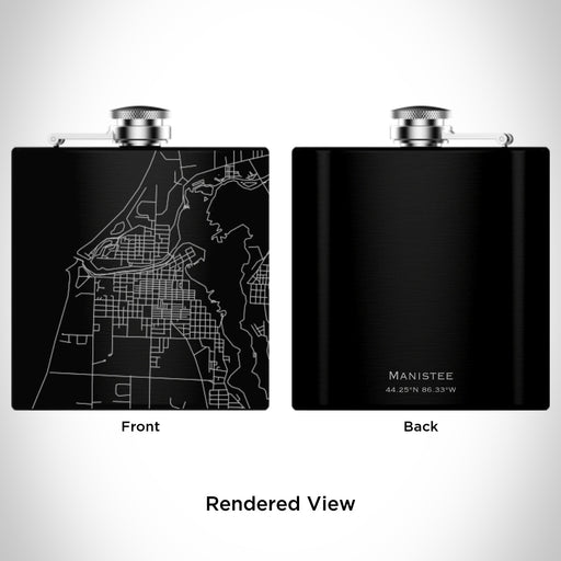 Rendered View of Manistee Michigan Map Engraving on 6oz Stainless Steel Flask in Black