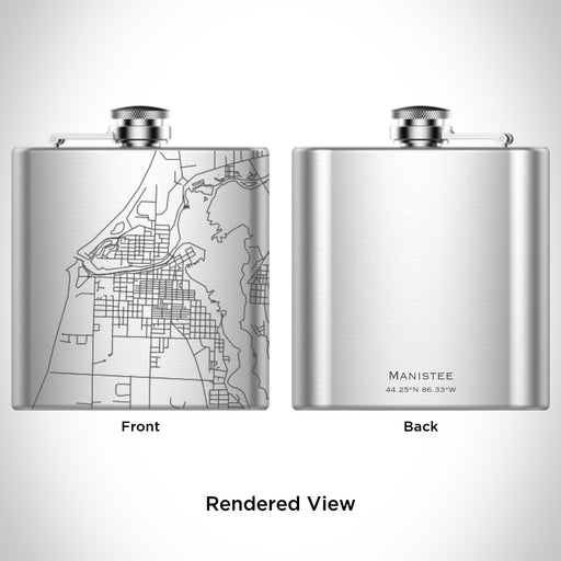 Rendered View of Manistee Michigan Map Engraving on 6oz Stainless Steel Flask