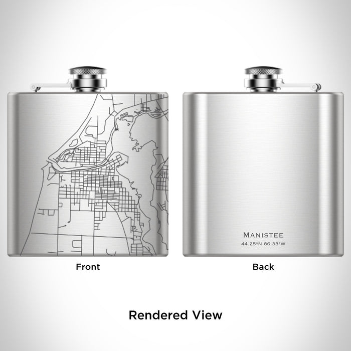 Rendered View of Manistee Michigan Map Engraving on 6oz Stainless Steel Flask