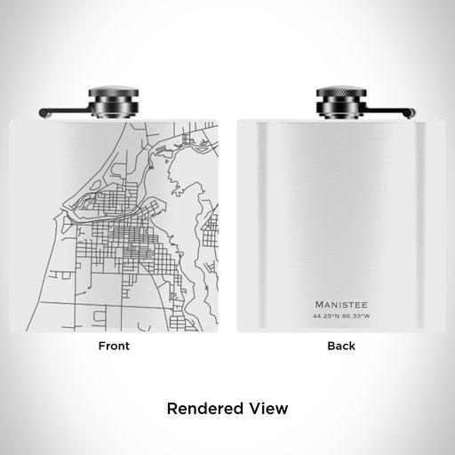 Rendered View of Manistee Michigan Map Engraving on 6oz Stainless Steel Flask in White