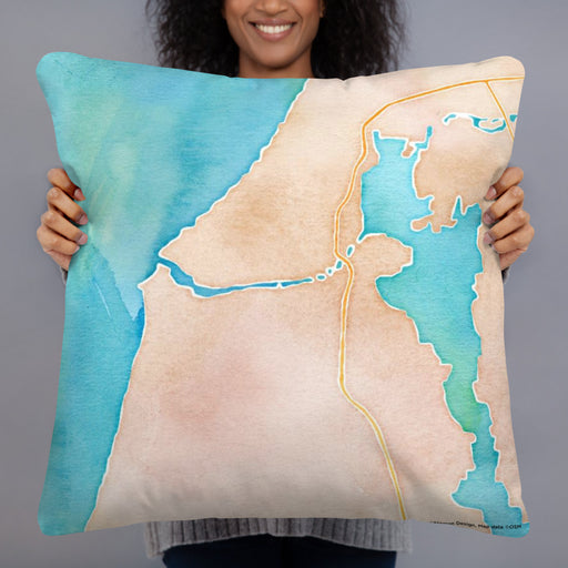 Person holding 22x22 Custom Manistee Michigan Map Throw Pillow in Watercolor