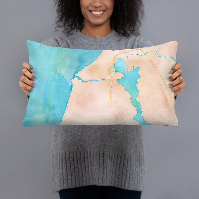 Person holding 20x12 Custom Manistee Michigan Map Throw Pillow in Watercolor