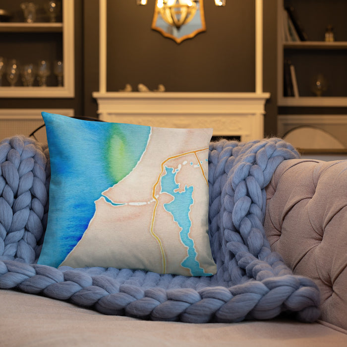 Custom Manistee Michigan Map Throw Pillow in Watercolor on Cream Colored Couch