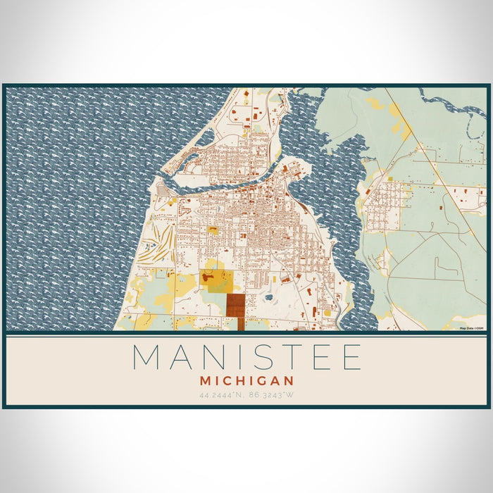 Manistee Michigan Map Print Landscape Orientation in Woodblock Style With Shaded Background