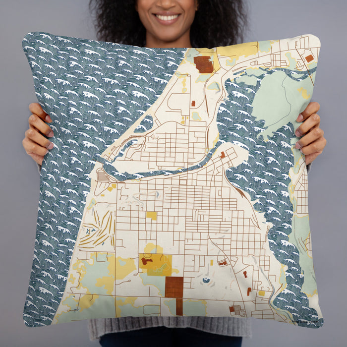 Person holding 22x22 Custom Manistee Michigan Map Throw Pillow in Woodblock