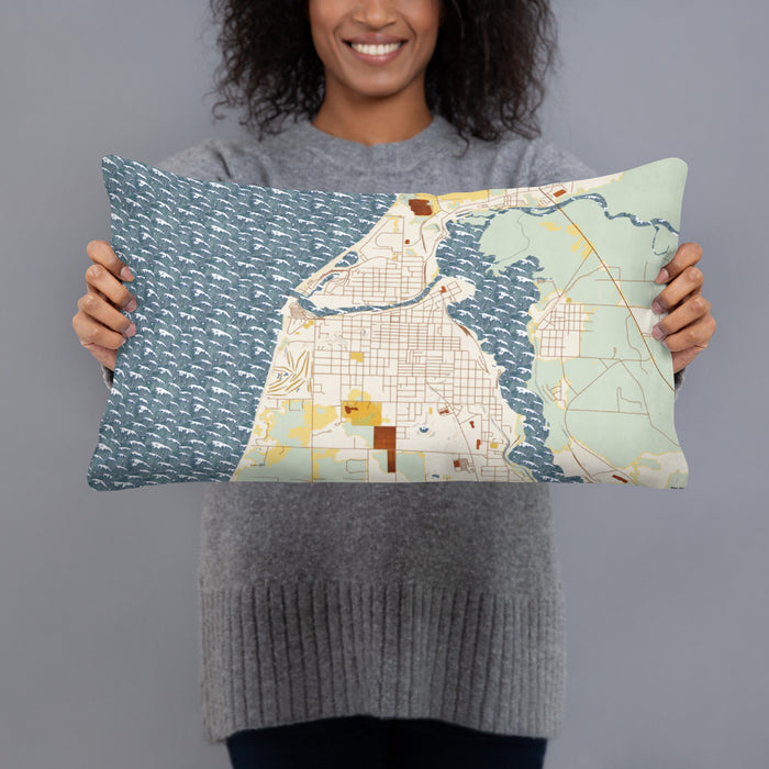Person holding 20x12 Custom Manistee Michigan Map Throw Pillow in Woodblock