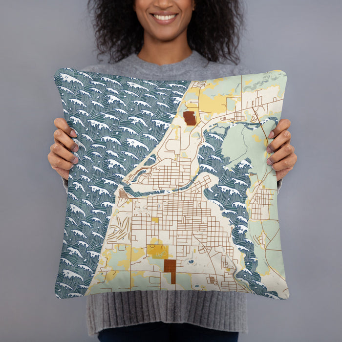 Person holding 18x18 Custom Manistee Michigan Map Throw Pillow in Woodblock