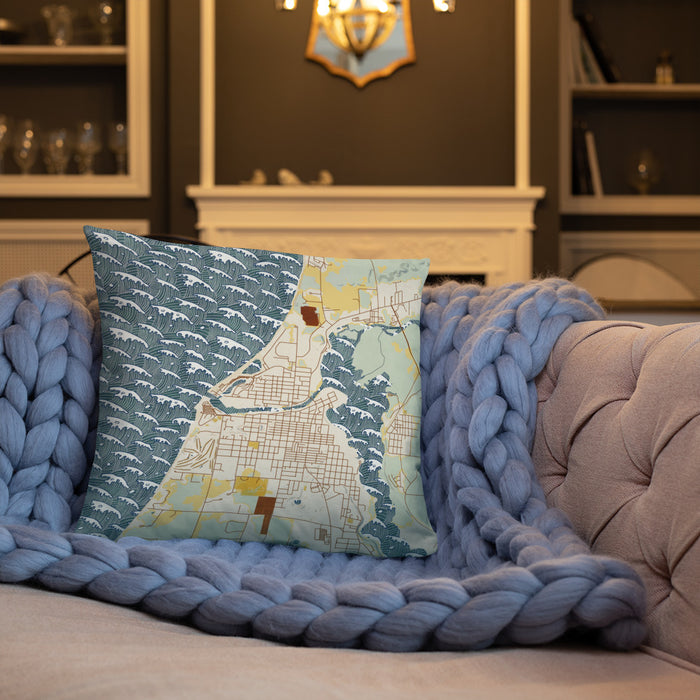 Custom Manistee Michigan Map Throw Pillow in Woodblock on Cream Colored Couch