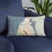 Custom Manistee Michigan Map Throw Pillow in Woodblock on Blue Colored Chair