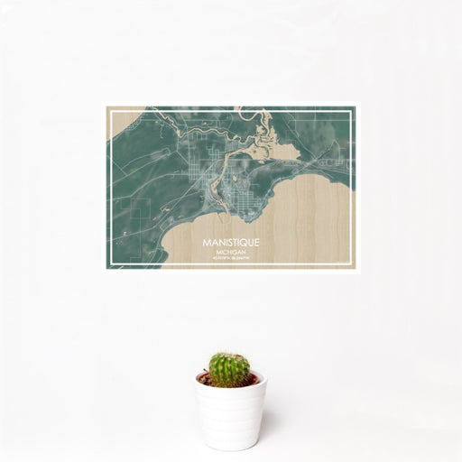 12x18 Manistique Michigan Map Print Landscape Orientation in Afternoon Style With Small Cactus Plant in White Planter