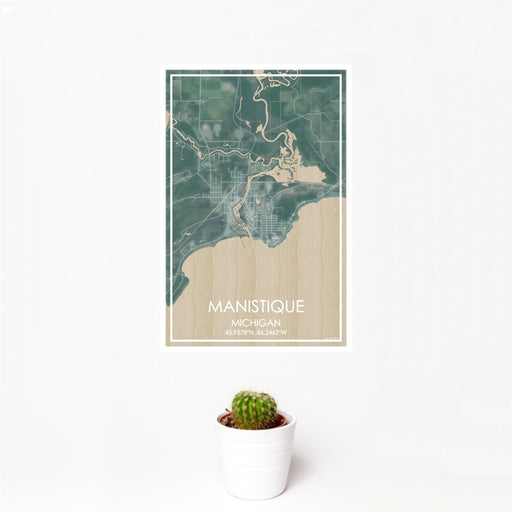 12x18 Manistique Michigan Map Print Portrait Orientation in Afternoon Style With Small Cactus Plant in White Planter