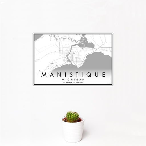 12x18 Manistique Michigan Map Print Landscape Orientation in Classic Style With Small Cactus Plant in White Planter