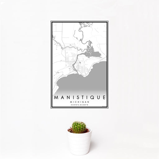 12x18 Manistique Michigan Map Print Portrait Orientation in Classic Style With Small Cactus Plant in White Planter