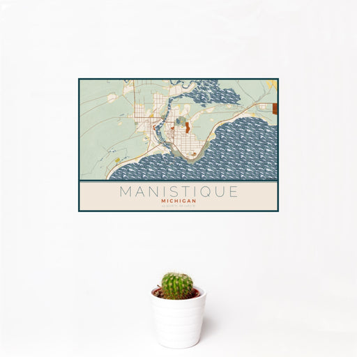 12x18 Manistique Michigan Map Print Landscape Orientation in Woodblock Style With Small Cactus Plant in White Planter