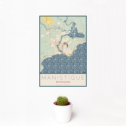 12x18 Manistique Michigan Map Print Portrait Orientation in Woodblock Style With Small Cactus Plant in White Planter