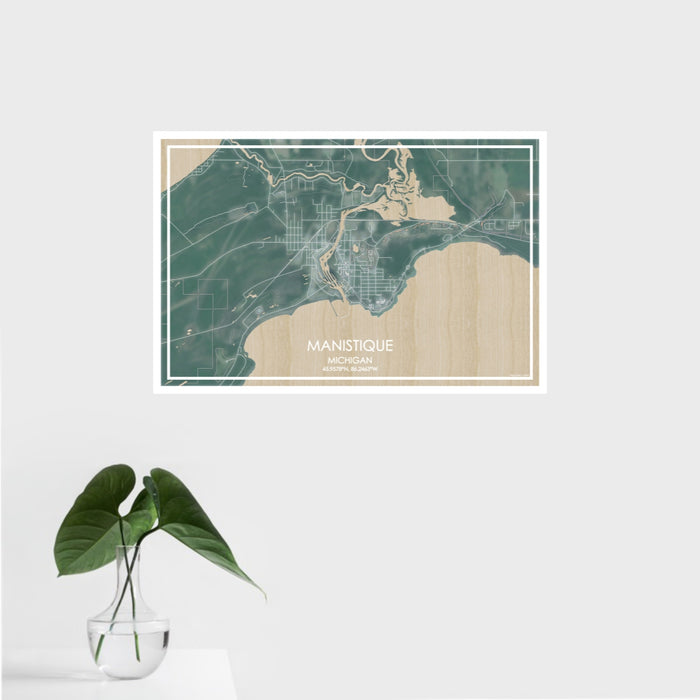 16x24 Manistique Michigan Map Print Landscape Orientation in Afternoon Style With Tropical Plant Leaves in Water
