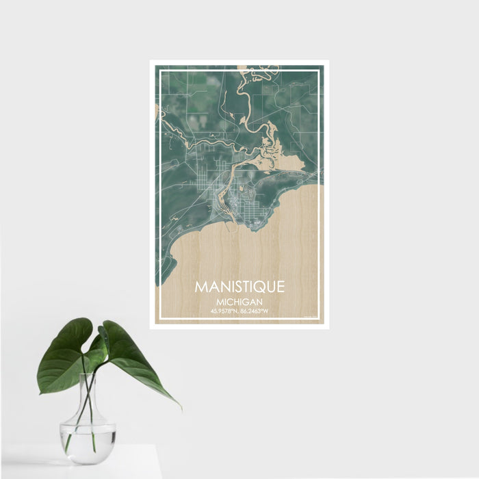 16x24 Manistique Michigan Map Print Portrait Orientation in Afternoon Style With Tropical Plant Leaves in Water