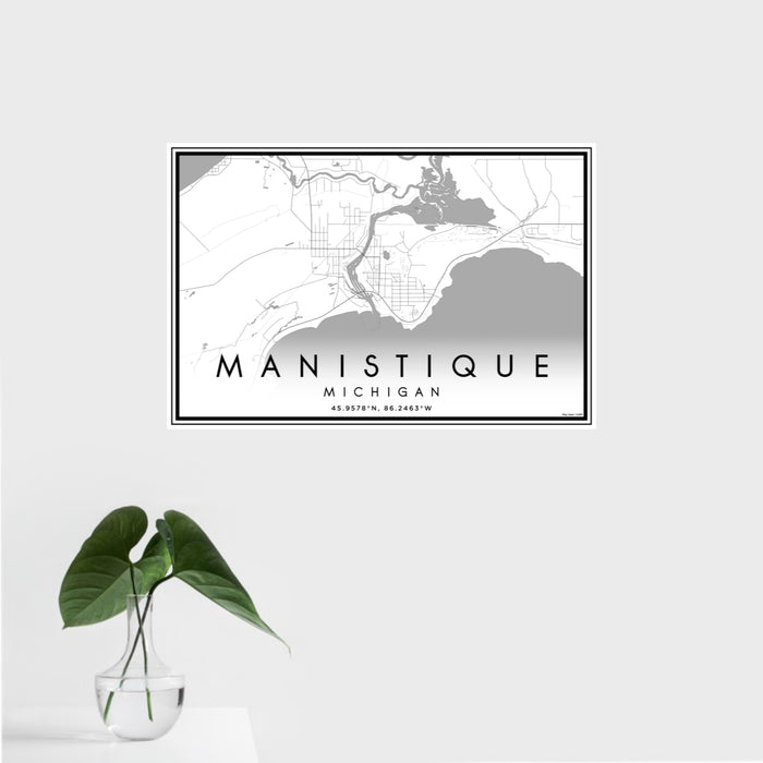 16x24 Manistique Michigan Map Print Landscape Orientation in Classic Style With Tropical Plant Leaves in Water