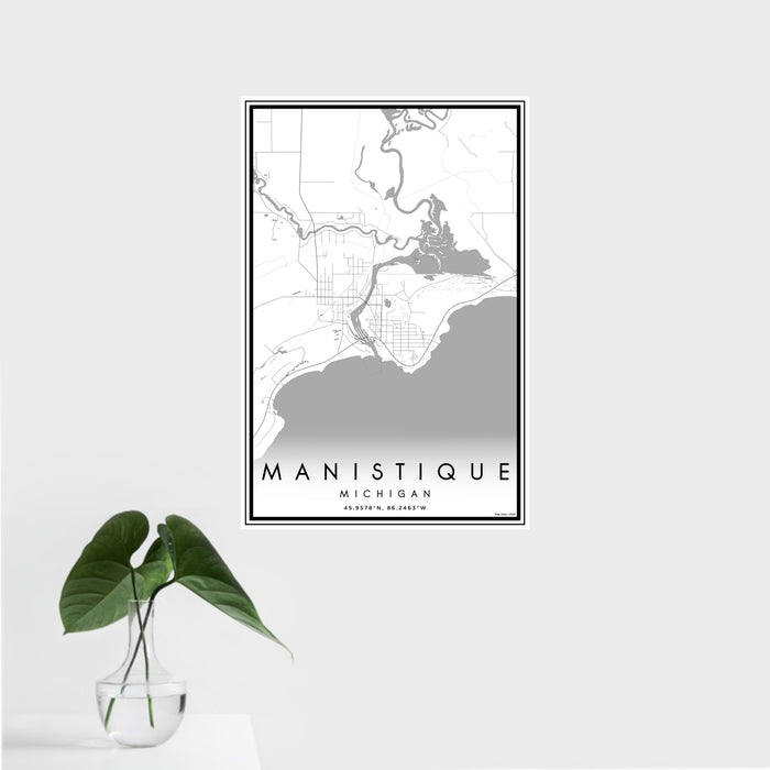 16x24 Manistique Michigan Map Print Portrait Orientation in Classic Style With Tropical Plant Leaves in Water