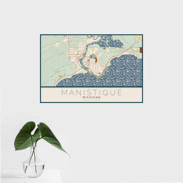 16x24 Manistique Michigan Map Print Landscape Orientation in Woodblock Style With Tropical Plant Leaves in Water