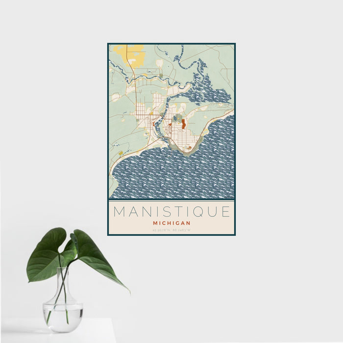 16x24 Manistique Michigan Map Print Portrait Orientation in Woodblock Style With Tropical Plant Leaves in Water