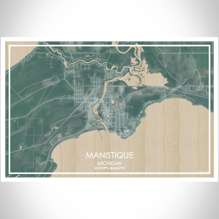 Manistique Michigan Map Print Landscape Orientation in Afternoon Style With Shaded Background