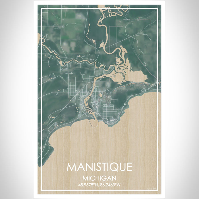 Manistique Michigan Map Print Portrait Orientation in Afternoon Style With Shaded Background