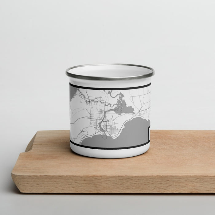 Front View Custom Manistique Michigan Map Enamel Mug in Classic on Cutting Board